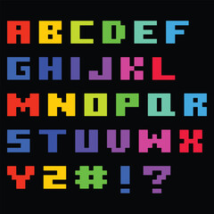Pixel Art Colorful Alphabet. Rainbow 8bit Letters Set