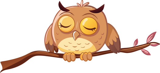 A peaceful owl resting on a branch, eyes closed, showcasing its tranquil demeanor in the trees.