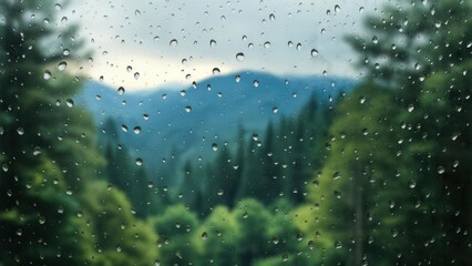 Fototapeta premium Rainy mountain view through glass