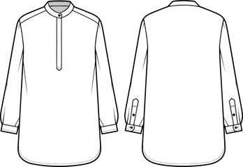 Front and back view line drawing of a long sleeve collared shirt with button cuffs Keywords: collared shirt, long sleeve shirt