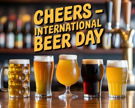 A vibrant photograph for International Beer Day, showcasing five distinct glasses of craft beer on a wooden bar top.