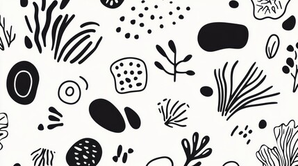 Abstract black and white seamless pattern with hand-drawn organic shapes and botanical elements.