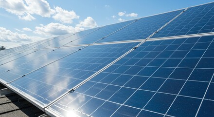 Blue Solar Panels Reflecting Sky on Rooftop Renewable Energy Concept