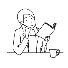 本を読む女性の線画イラストとコーヒーカップ｜学びや読書、ライフスタイルを表現するシンプルでミニマルなベクターイラストで教育やビジネスのコンテンツに最適です