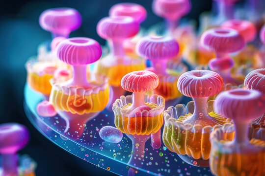Vibrant microscopic organism cells showing abstract biology with futuristic neon glow perfect for science research and medical biotechnology concept.