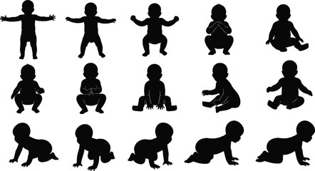 Black silhouette set of fifteen babies in crawling, sitting, standing, and reaching poses—vector illustration for infant development themes