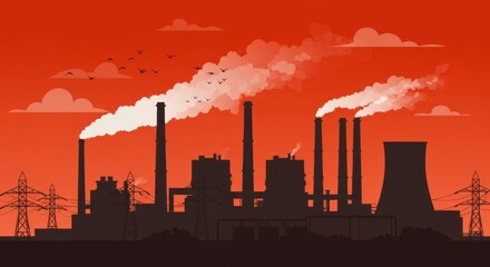 Obraz premium Industrial Factory Illustration with Smoke Stacks and Power Lines , Modern Energy Plant Artwork on Red Background for Environmental and Pollution Concept