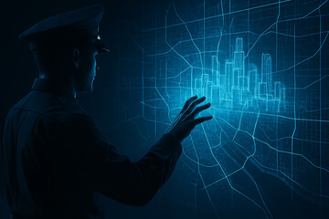 Police officer interacting with futuristic city map hologram technology crime investigation concept