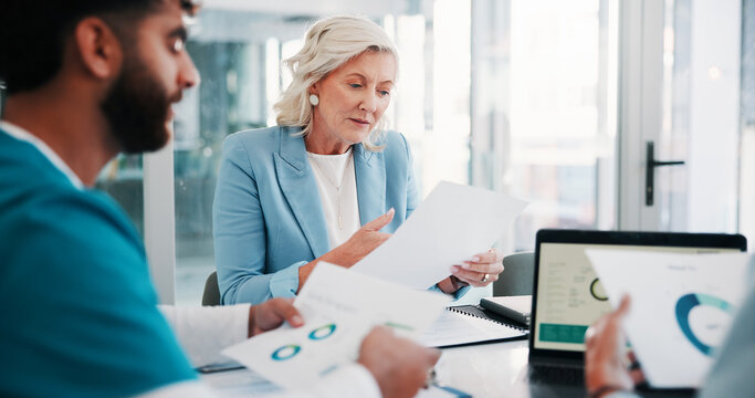 Hospital, meeting and people with paperwork for finance report, budget and research funding. Healthcare, team and workers with graph, statistics and documents for insurance, medical grant or revenue