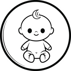 Cute baby line art sitting inside circular frame, black and white vector illustration for childcare, parenting, and newborn design