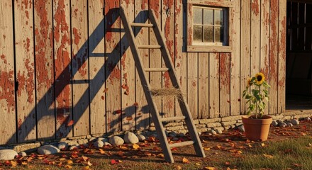 Rustic Autumn Barn Scene: Ladder, Sunflower, and Fallen Leaves
