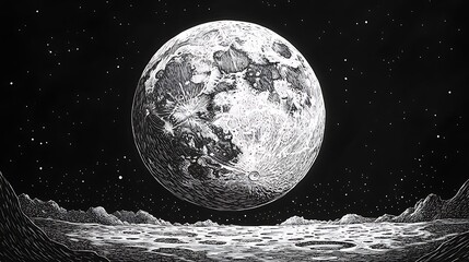 Full moon over lunar surface, craters and stars in night sky, black and white art