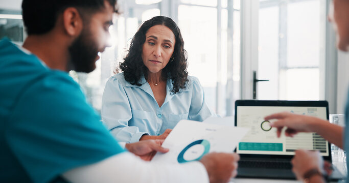 Talk, conversation and people in hospital with data analysis, discussion and technology in office. Serious, meeting and medical team in building with computer, report and schedule for treatment plan - Powered by Adobe