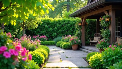 Serene patio garden oasis, lush greenery, blooming flowers, stone pathway, outdoor seating, perfect for relaxation and entertaining , idyllic, furniture