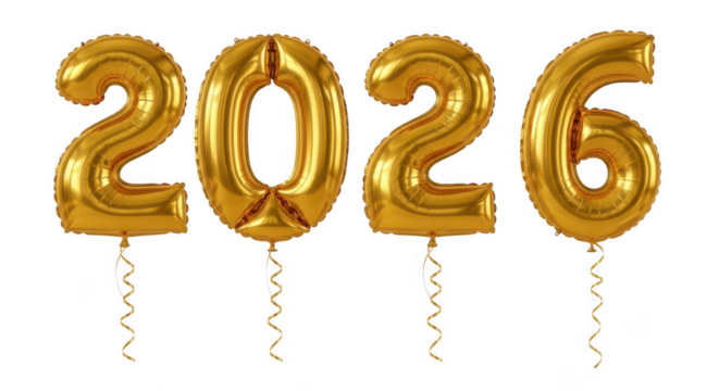 Golden balloons spelling out 2026 on transparent background