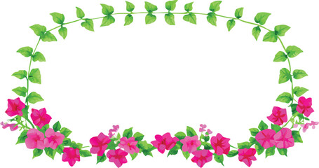 A decorative wreath made of pink flowers and vibrant green leaves.