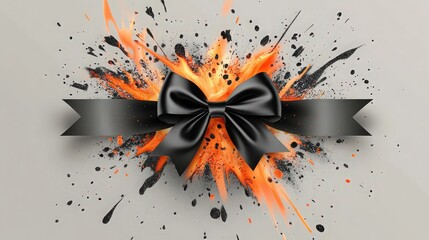 Elegant black ribbon bow on a vibrant orange explosion, creating a striking contrast and dynamic composition isolated on white background