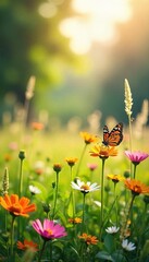 Golden Sunlight Bathes Vibrant Summer Meadow Wildflowers in Bloom, Butterflies Dancing in Gentle Breeze, Tranquil Nature Scene
