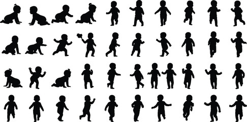Silhouette sequence of child development stages from crawling to walking and running, black vector illustration for educational and motion design