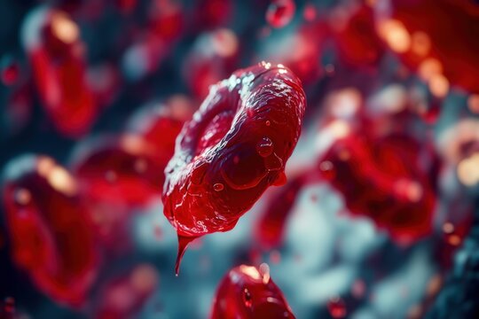 Magnified human red blood cell detailed view illustrates vital cellular biology. Essential for medical, health, and scientific research, depicting microscopic life and bloodstream.