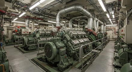 Spacious and modern engine room of an industrial power plant featuring multiple large diesel generator sets and intricate piping systems