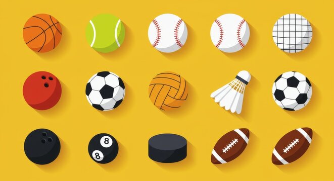 Sports Balls and Equipment Icons , Basketball, Soccer, Tennis, Baseball, Volleyball, Billiard, Hockey, and More