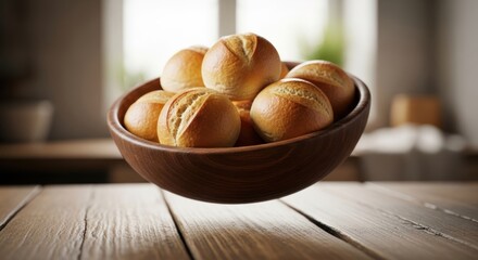 Surreal Still Life: Golden Dinner Rolls Defying Gravity in a Wooden Bowl