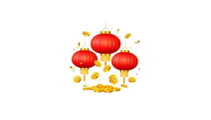Chinese New Year decorations, red lanterns and bright gold coins on a white background
