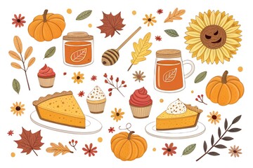 Autumn harvest vector illustration isolated on white background with pumpkin pie