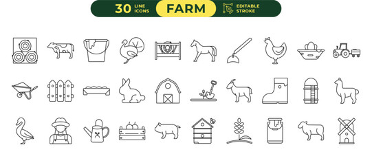 Livestock Farming Line Icon Set | Editable Stroke Vector | Agriculture, Barn, Hay, Cattle, Poultry, Sheep, Pig, Goat, Horse, Tools, Feeding, Rural Life, Animal Husbandry, Farm Management