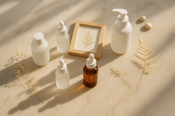 Minimalist Skincare Still Life with Natural Elements and Soft Sunlight