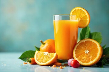 Freshly squeezed orange juice with a vibrant mix of sliced oranges, carrots, and other colorful vegetables  A healthy and delicious blend perfect for a nutritious start to the day  ,  fresh,  cold