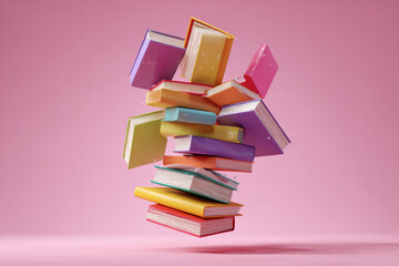 Fototapeta premium rendering of pile of books with bright colorful hardcovers levitating against pink background