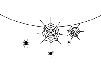 Spooky spiderwebs with hanging spiders create eerie Halloween atmosphere for holiday decorations and party themes