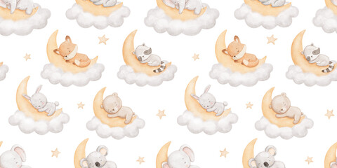 Seamless watercolor pattern with cute bear, fox and bunny sleeping on moon on cloud, hand drawn repeating background for kids, nursery