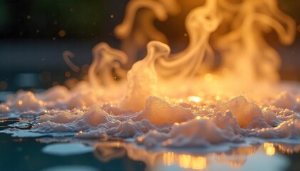 Close-up of shimmering golden steam rising from a hot surface, creating a luxurious, ethereal effect Perfect for spa, wellness, or luxury product imagery , sophisticated, elegant