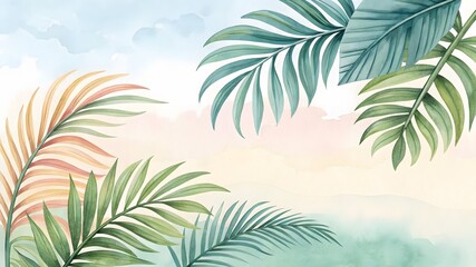 Tropical Leaves in Pastel Colors with Soft Background and Sky
