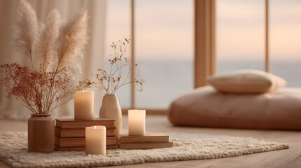 Therapy consultation interior with soft candles and warm rug, autumn golden hour palette