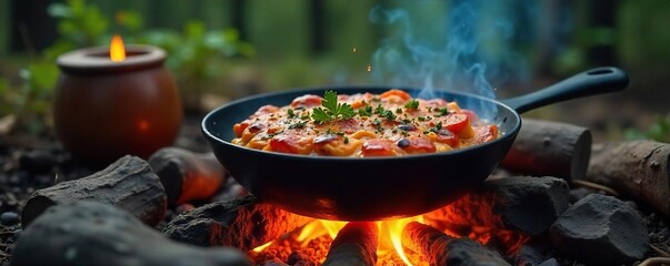 Delicious campfire-cooked meal sizzling over glowing embers, surrounded by rustic camping equipment Perfect for outdoor cooking and adventure blogs , flames, grill, campfire