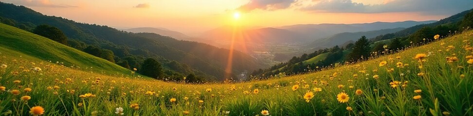 Golden hour sunlight bathes a lush green hill, wildflowers blooming, overlooking a tranquil valley Perfect for summer, nature, travel, and landscape projects , serene, vibrant, tranquil