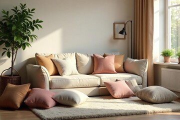 Soft, plush cushions scattered on a cozy living room floor, creating a comfortable and inviting home atmosphere Perfect for relaxation and a sense of calm , modern, living room, textile