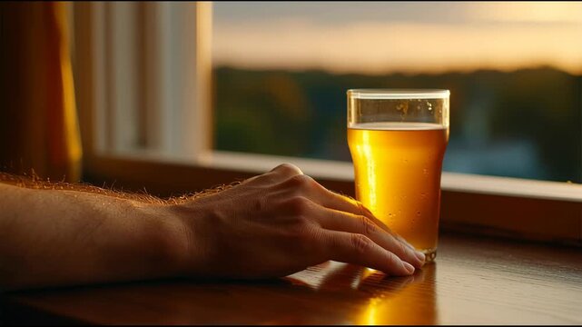 Hand resting next to a glass of beer at sunset
