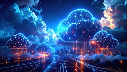 Illuminated cloud computing networks hover over a futuristic city at night, displaying intricate digital connections.