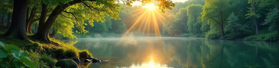 Serene nature scene perfect for meditation; sun-dappled forest, tranquil lake, gentle breeze rustling leaves, peaceful atmosphere ideal for mindfulness and relaxation , healing, peace