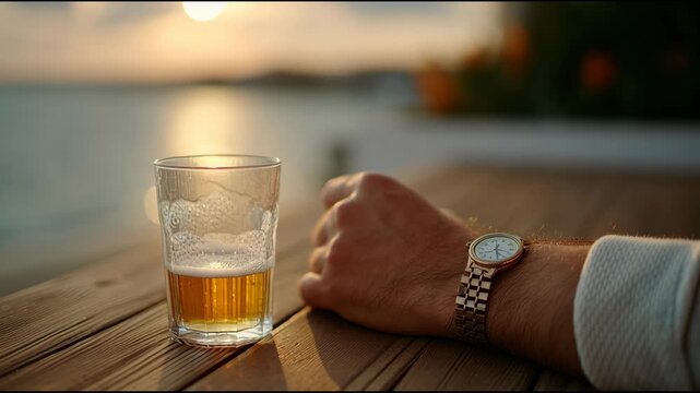 Hand resting on table beside glass of beer
