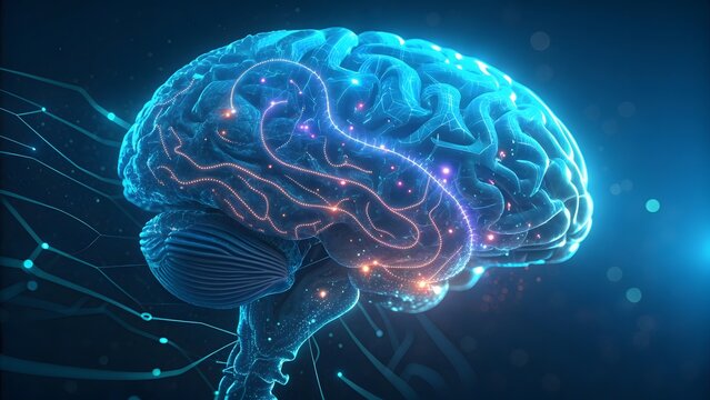 Futuristic Digital Brain with Neon Lights and Glowing Connections