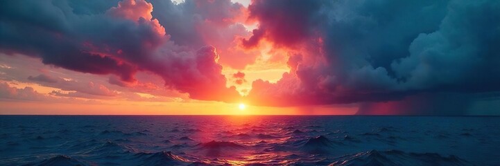 Epic sunset over a dramatic stormy sea, dark clouds clashing with fiery orange and pink hues Perfect for travel, nature, or weather-related projects , phenomenon, intense, tranquility