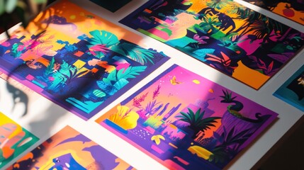 Vibrant tropical prints arranged on a white surface, bathed in sunlight.