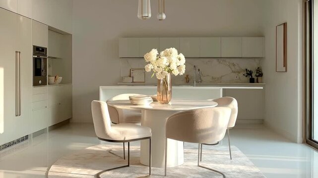 Kitchen with round table chairs marble backsplash and white cabinets A vase with white flowers adorns the table