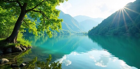 Serene lakeside view with tranquil water reflecting lush greenery, perfect for relaxation and escape Ideal for promoting wellness, travel, or peaceful living , sky, peaceful, scenery